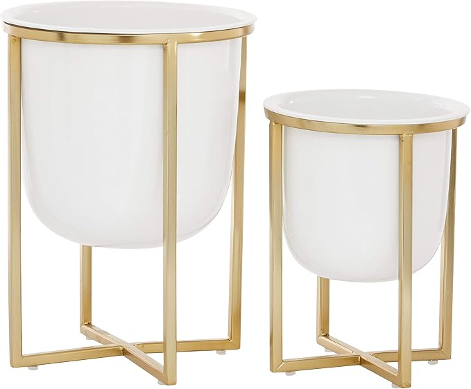 CosmoLiving by Cosmopolitan Metal Indoor Outdoor Planter Dome Small Planter Pot with Gold X-Shaped Stands, Set of 2 Planters 12", 10"H, White