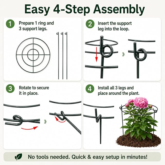 Peony Cages and Supports, 8 Pack 12 in x 15.7 in Metal Grow-Through Plant Support Rings, 3-Leg Garden Stakes for Peonies, Roses, Hydrangeas, Dahlias & Tomato Plants