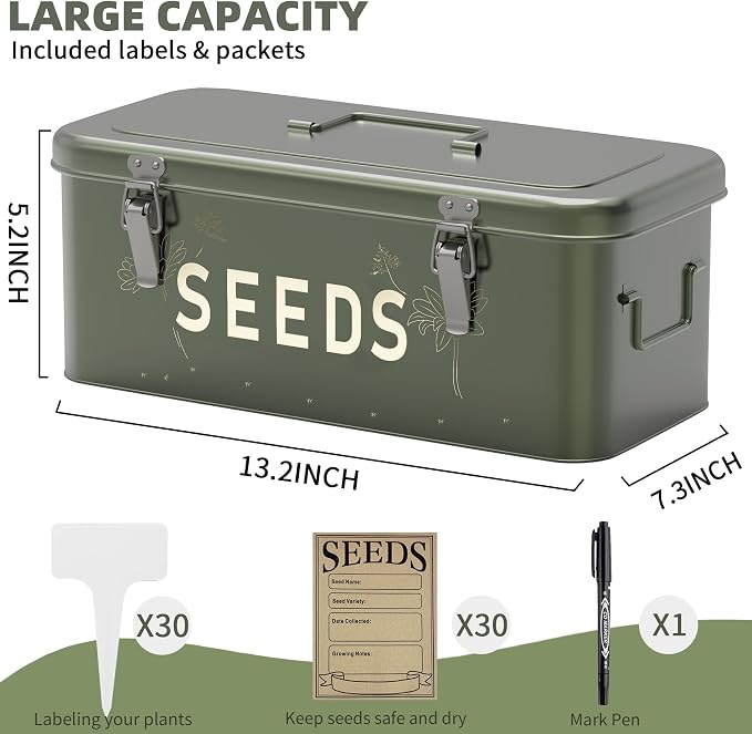 Orionstar Metal Seed Storage Organizer, 4 Compartments Saving Box with 30 Envelopes & Labels, Garden Organization Bin for Heirloom Protection, Vintage Dark Green