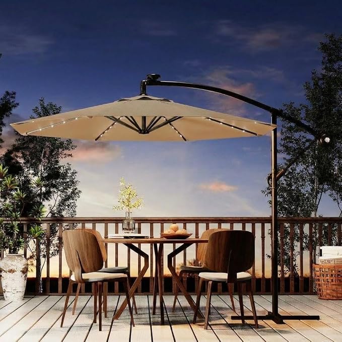 Garvee 10FT Solar Lights Offset Patio Umbrella with Cross Base, Cantilever Umbrella with Easy Lift & Tilt Adjustment, 8 Ribs Sun umbrella UV Protection for Backyard, Pool, Garden, Tan