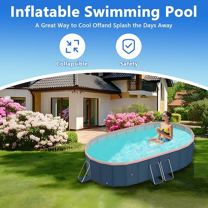 Foldable Pool, Hard Plastic Collapsible Pool, Large Non Inflatable Rectangle Pool Above Ground, Backyard Pool for Adults, Oversized Thickened, Easy Assembly (Round Corner 95 Inch)