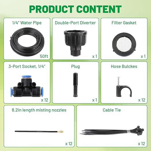 360° Adjustable Micro Drip Irrigation System, 12 Brass Sprinkler Heads & Bendable Stems, Automatic Watering Kit with 1/4" Tubing for Raised Bed, Lawn, Vegetable & Outdoor Plants (50ft)