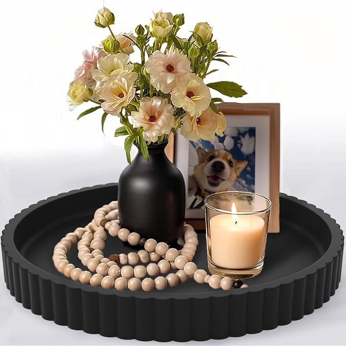 11" Round Concrete Decorative Centerpiece Tray for Coffee Table Dark Black | Modern minimalist centerpiece tray for coffee table, living room, dining & office storage display, sturdy tabletop home decor