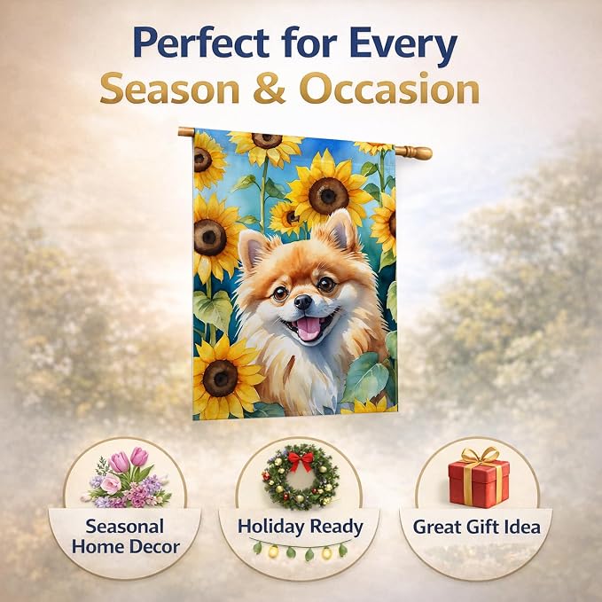 Caroline's Treasures DAC6136CHF Pomeranian in Sunflowers House Flag Large Porch Sleeve Pole Decorative Outside Yard Banner Artwork Wall Hanging, Polyester, House Size, Multicolor