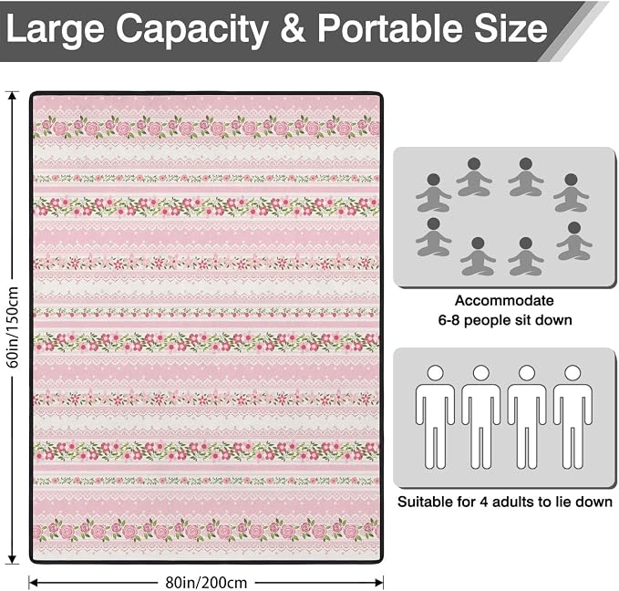 Pink Flower Picnic Blankets Waterproof Foldable, 60’‘x80'' Portable Outdoor Picnic Mat Water Resistant for Grass, Padded Lawn & Park Blanket for Camping, Hiking