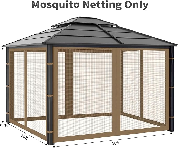 Gazebo Replacement Mosquito Netting Outdoor Universal Gazebo Canopy 4-Panels Screen Sidewalls with Zipper for Patio Garden (Brown, 10x10)