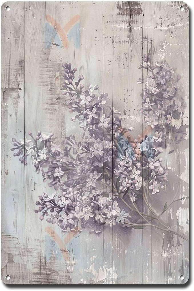 Metal Sign Tin Sign Vintage Wall Art Shabby Chic Lilacs Tin Sign for Rustic Springtime Antique Artistry and Distressed Wood Surfaces Tin Signs Gardening for Room 12×16 Inches
