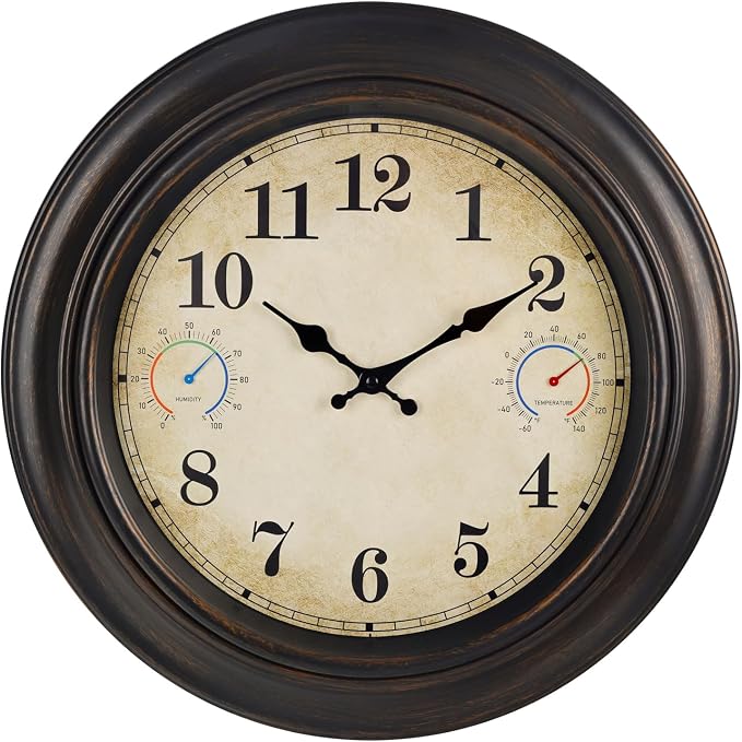 Large Outdoor Clock Waterproof with Thermometer & Hygrometer- 18 Inch Retro Bronze Indoor Outdoor Wall Clocks for Patio Pool Garden Farmhouse Decor, Silent Battery Operated