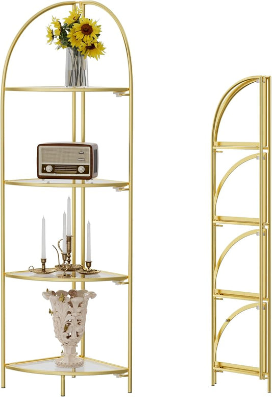 Crofy Foldable 4 Tier Corner Shelf, Metal Corner Plant Stand with Gold Frame and Transparent Shelves, Corner Display Rack Multipurpose Shelving Unit for Living Room, Bedroom, Bathroom