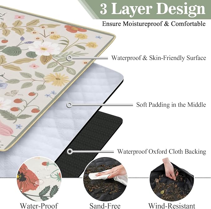 Picnic Blankets Waterproof Foldable Extra Large,80"x 80" Outdoor Beach Blanket Sandproof,3-Layer Lightweight Handy Mat Tote Picnic Camping Rugs for Outside Your Rv (Boho Strawberry Floral)