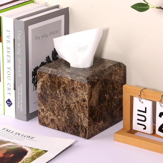 Natural Marble Square Tissue Box Cover,Stone Modern Decorative Sturdy Napkin Box Holder Case,Facial Paper Organizer for Bathroom Vanity Toilet Countertop,Kitchen (1, Dark Brown, 5.71 * 5.71 * 5.51)