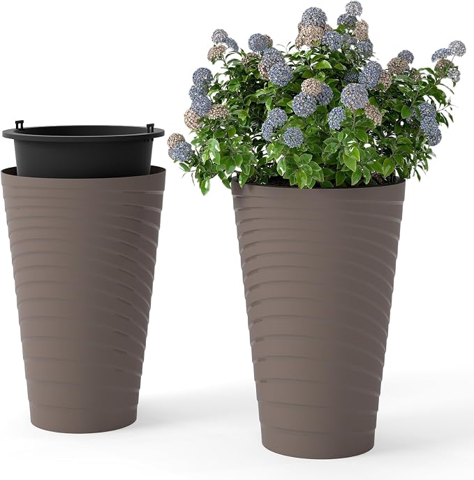 Giantex 18" Tall Flower Pot Set of 2, Modern Decorative Planter Pots w/Insert Bucket, Handle, Drainage Holes, Round Spiral Textured Flower Pots for Outdoor Indoor Garden Patio Front Porch (Brown)