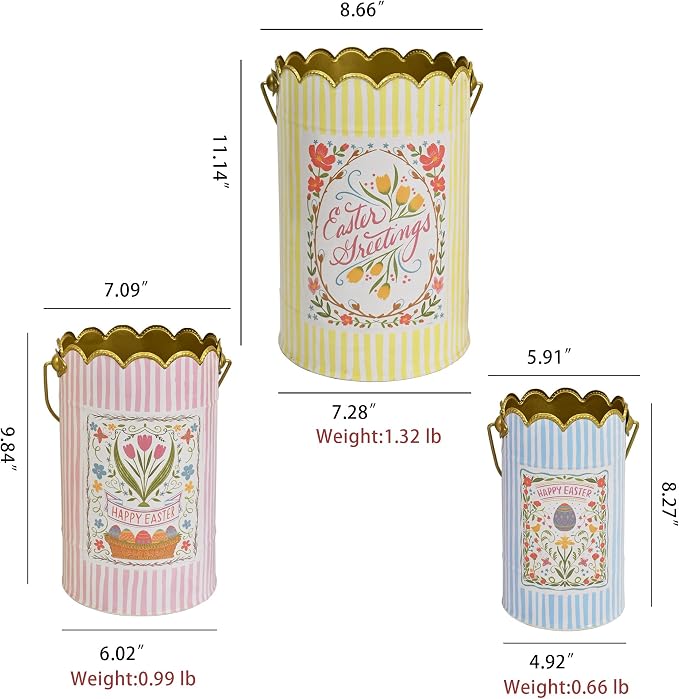 Set of 3 Vintage Spring Metal Planter with Handle, Decorative Floral Bucket Cute Striped Design Flower Pots for Garden & Home Decor