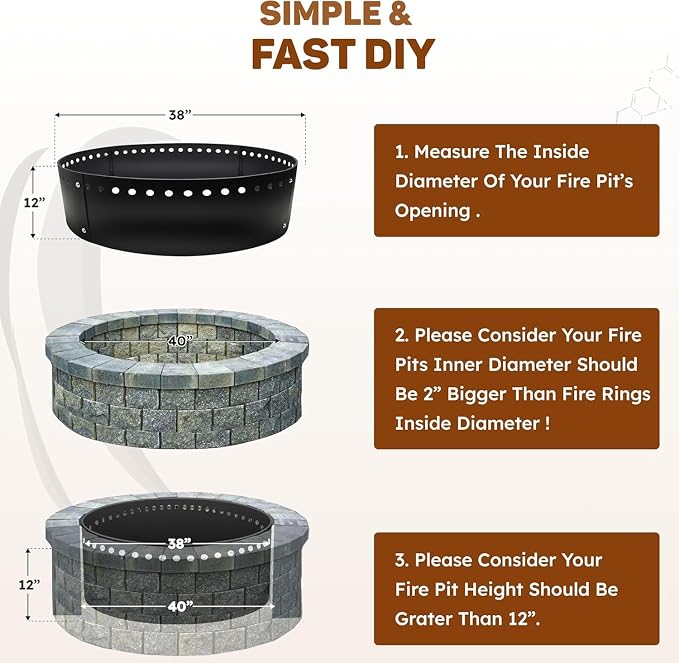 FEBTECH - 38" D x 12" H Smokeless Fire Pit Insert, Heavy Duty Fire Pit Ring | Heat-Resistant Portable Round Fire Pit Ring Insert for Backyard, Outdoor Fire Pits, Bonfires, Camping & Outdoor Gatherings