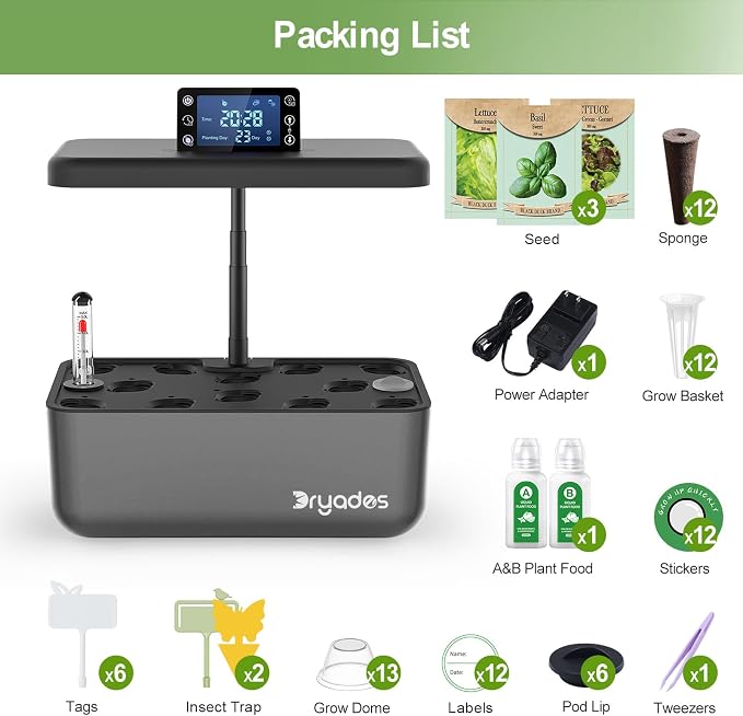 Hydroponics Growing System Kit with Seeds, 12-Pod Indoor Garden with 24W Full-Spectrum LED Grow Light, Smart LCD Control and 7L Water Tank for Herbs, Lettuce, Vegetables and Flowers(Black)