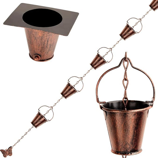 8.5FT Wrought Iron Rain Chain, Rustic Brown Bucket Design, 16 Cups, Gutter Adapter & Decorative Butterfly, Outdoor Garden Decor