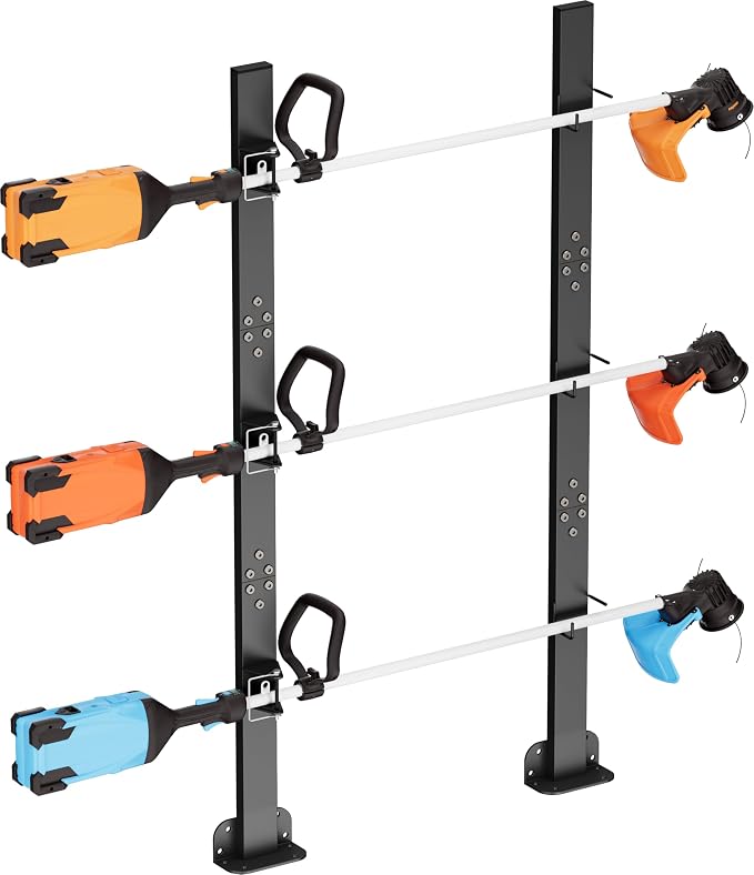 Mondazie 3 Place Weed Eater Rack for Trailer, Utility Open Trailer Trimmer Racks with Lockable Snap Buckle Mount On Landscape Truck Trailer, Weedeater Rack Holder with L-Shaped Base for Lawn Equipment