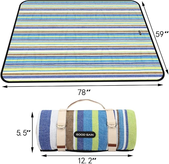 G GOOD GAIN Waterproof Picnic Blanket Portable with Carry Strap for Beach Mat or Family Outdoor Camping Party (Sky Blue)