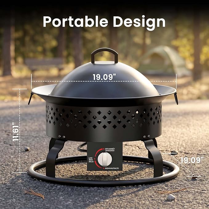 Electactic Portable Propane Fire Pit, 50000 BTU with Fire Pit Cover, Carrying Kit, 19-inch, Smokeless Gas Fire Pit for Camping, Backyard, RV, Deck and Outdoor Activities
