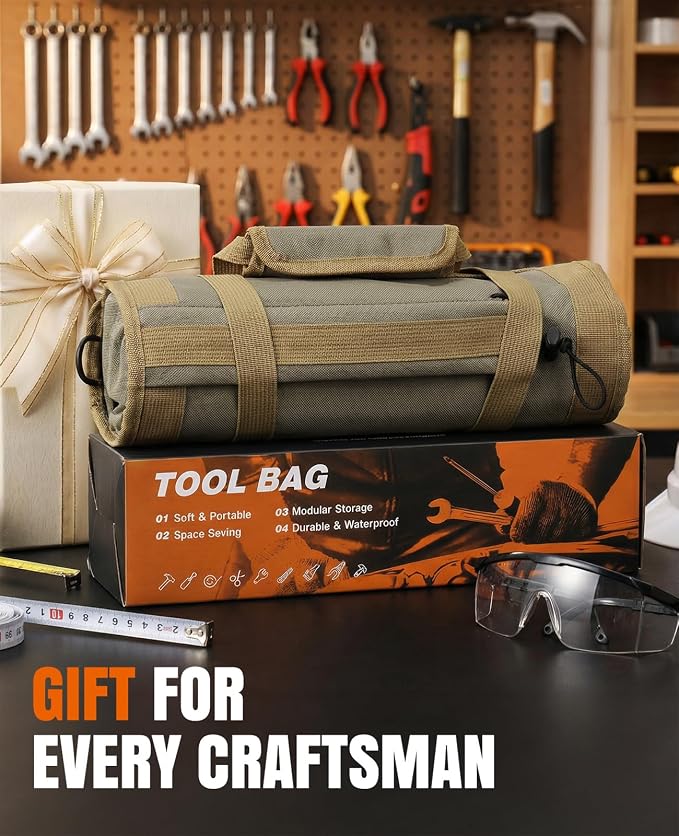 Tool Roll Up Bag, 1680D Heavy Duty Tool Bag Organizer with 2 Detachable Tool Pouches & Multiple Pockets, Waterproof Motorcycle Tool Roll for Mechanic & Electrician, Gift for Men Him Dad, 21.9"*13.8"