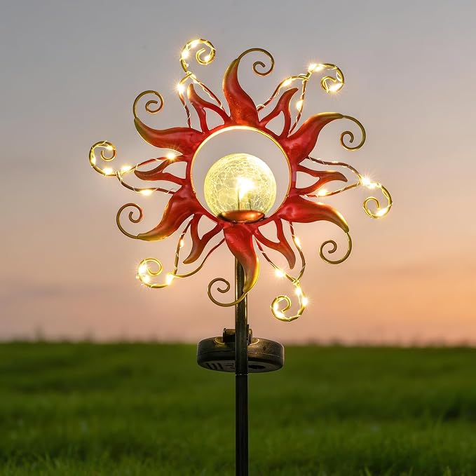 Solar Lights Outdoor Waterproof Red Sun Metal Crackle Glass Stake Decorative for Outside,Yard,Lawn,Patio,Walkway Mothers'Day Gifts Mom Grandma Garden Lover