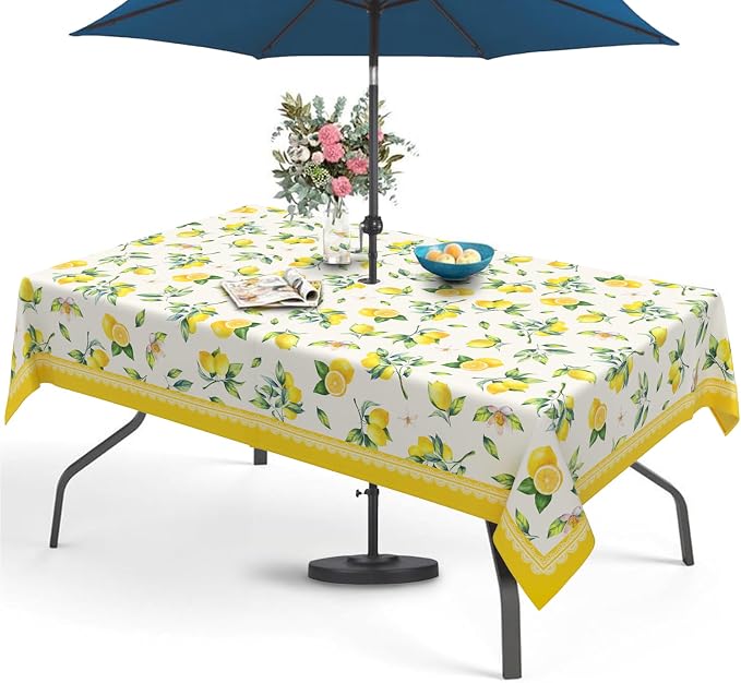 Lemon Outdoor Tablecloth with Umbrella Hole 60" x 102" Waterproof Zipper Table Cloth for Garden - Ideal Patio Table Cover for Picnics, Camping, and Yard Use