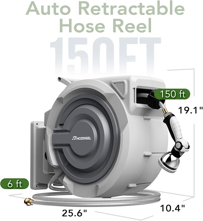150 FT x 1/2" Retractable Garden Hose Reel by HOZEREEL, UV Resistant Hose Reels - Automatic Slow Self Retract Wall Mount Hose Reel Enclosed Storage, Any Length Lock 180° Swivel, 10 Pattern Nozzle