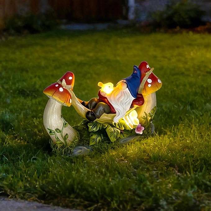 Solar-Powered Garden Gnome Statue - Mushroom LED Light Outdoor Lawn Ornament, Waterproof Resin Sculpture,Weather-Resistant Cute Figurine, Perfect for Yard, Garden Path, Patio Lighting Decor (Red)