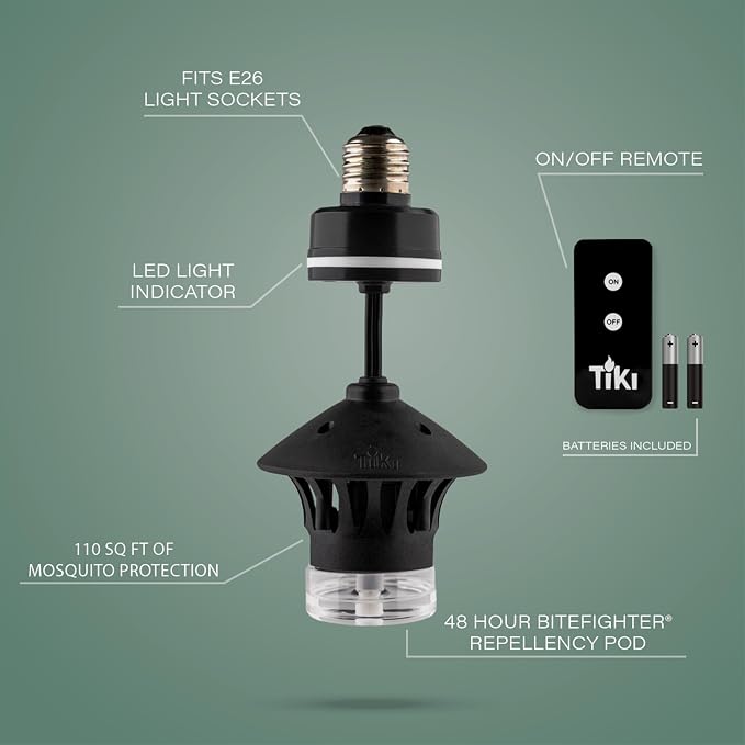 TIKI® BiteFighter® Plug & Repel Mosquito Repellent for Outdoor String Lights Odor-Free, Easy Install, 110 sq. ft. Coverage with 48 Hours of Protection