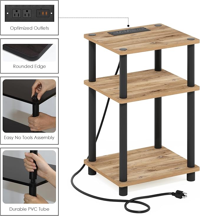 Furinno JUST Side Table Set of 2, 3-Tier Modern End Table with Charging Station, Open Shelf Night Stand, Bedside Table with USB and Type-C Port, for Living Room, Bedroom, Flagstaff Oak