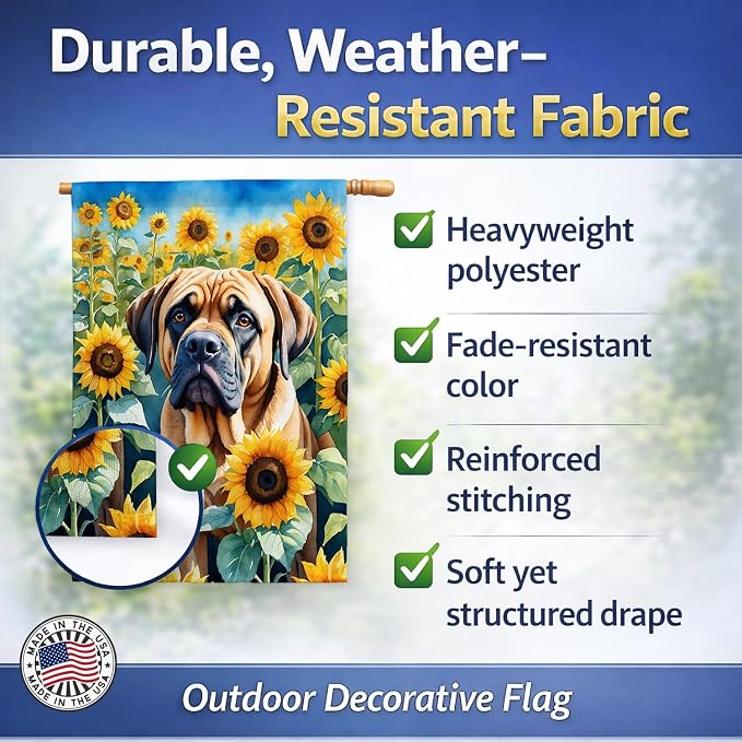 Caroline's Treasures DAC6120CHF Mastiff in Sunflowers House Flag Large Porch Sleeve Pole Decorative Outside Yard Banner Artwork Wall Hanging, Polyester, House Size, Multicolor