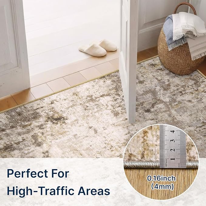 Abstract Area Rug 3x5 Ft Washable Rugs for Entryway Indoor | Brown Non Slip Kitchen Rug Printed Faux Wool Throw Rugs, Neutral Modern Indoor Mat for Entrance Bedroom Office Home Decor