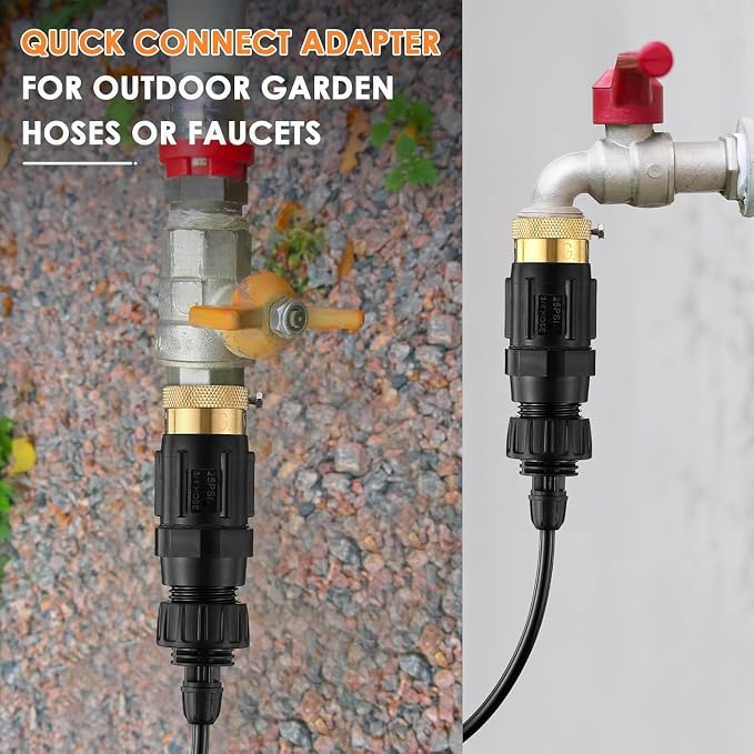 Drip Irrigation Faucet Adapter 25 PSI, 1/4" Tubing Quick Connect to 3/4" Garden Hose with Backflow Preventer, Filter, Tape, Pressure Regulator, Copper Drip Irrigation System Fittings (4 Pack)