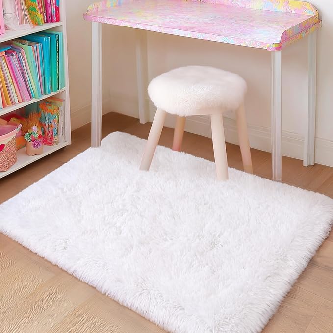 2x3 Small White Rugs for Bedroom, Soft Fluffy Shaggy Bedside Throw Rugs for Living Room, Indoor Floor Carpet for Kids Girls and Boys, Nursery Rooms, Home Decor Aesthetic