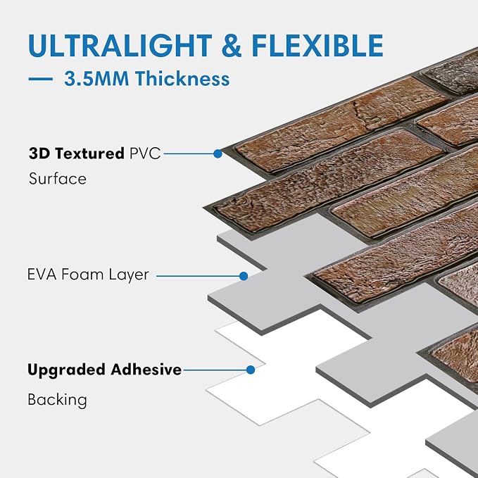 COMSTICKC 3D Brown Faux Brick Wall Panel Peel and Stick Wall Covering, 12 Pcs of 22.8" x 11.8", Not Real Brick, UrltraLight PVC Self Adhesive Brick Decorative Tile Interior, Covers 22.48 sq.ft