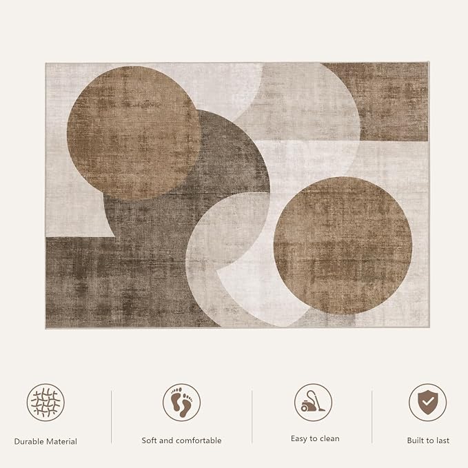 Washable Area Rugs 5'x7' Non-Slip Modern Abstract Soft for Living Room Entryway Bedroom Nursery, Print Pattern, Brown
