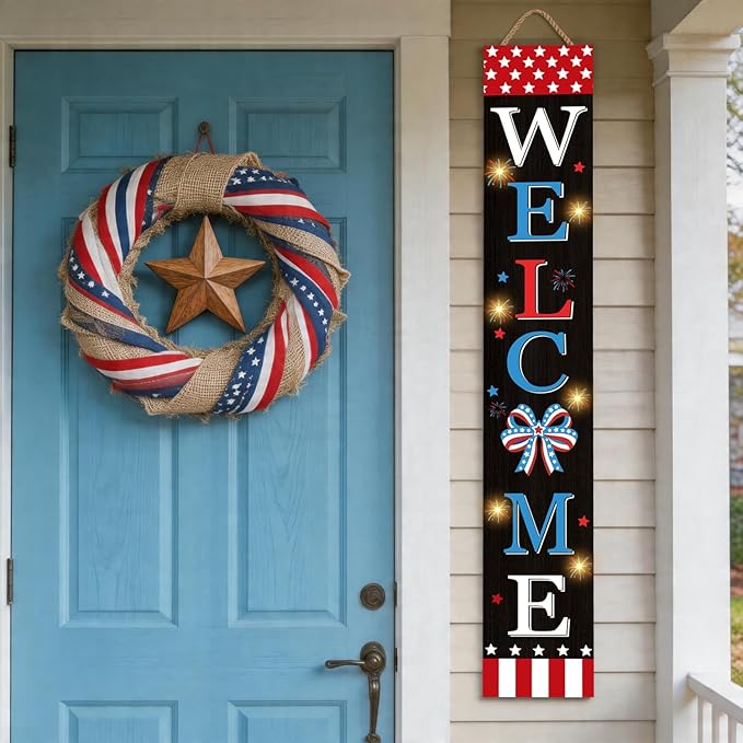 4th of July Welcome Sign with LED Lights, 47" Patriotic Wooden Door Porch Standing Decor Signs, Independence Day 250th Front Door Porch Decor, Memorial Day Home Yard Party Wall Hanging Decoration
