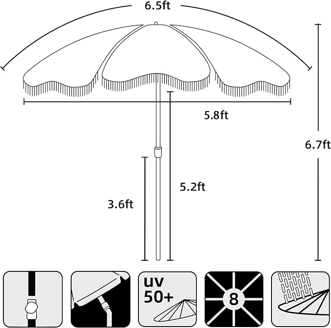 AMMSUN Boho Fringe Umbrella with Outdoor Blanket, 6.5ft UPF50+ Picnic Umbrella with Tassels with Steel Pole & Push Button Tilt, Antique White
