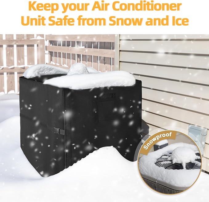 SUNICO Winter Air Conditioner Covers for Outside Units, 26x26x32in, Black | 3 Layers insulation waterproof cover, heavy duty 600D, antifreeze aluminum foil layer, snowproof, windproof buckle strap