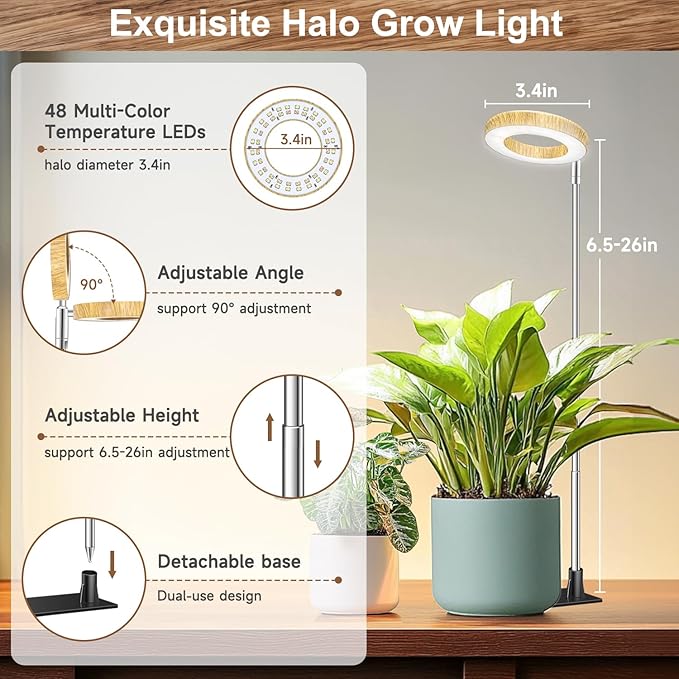 Aokrean Grow Lights for Indoor Plants Growing, Full Spectrum with Base | 48 LEDs Wood Grain 1-Pack, 2 Installation Ways, 6.5-26 in Height Adjustable, 3 Lighting Modes, Timer 6/12/16Hrs,5 Brightness