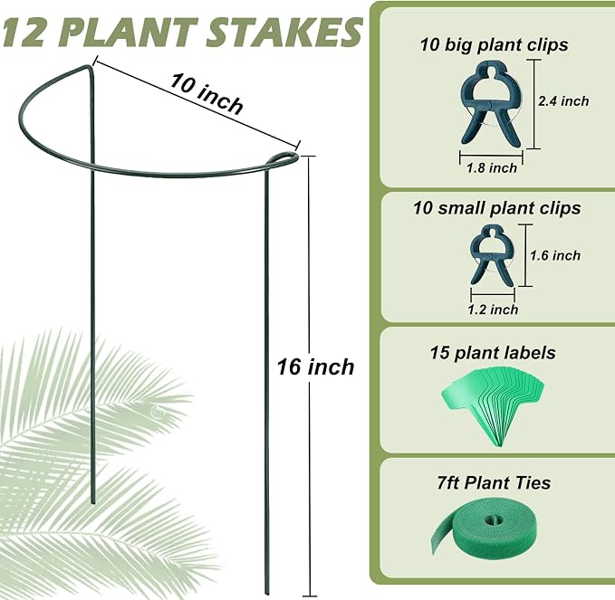 12 Pack Plant Support Stake Peony Cages, 16 Inch Peony Supports for Outdoor Plants, with 15 Pcs Plant Labels, 20 Pcs Plant Clips, 7ft Plant Ties