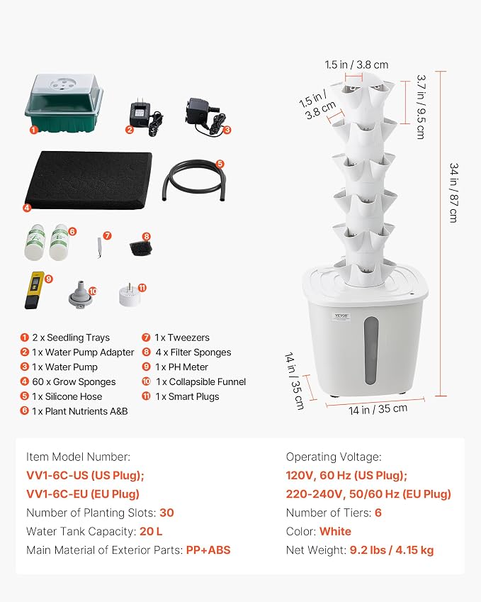 VEVOR Hydroponic Tower, 30 Pods 6 Tiers Hydroponics Growing System Kit with App Control, Vertical Home Garden with 20L Water Tank & Pump, Planter Germination Kit for Indoor Herbs, Fruits, Vegetables