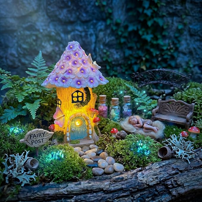 Fairy Garden House Figurine, Mushroom House Garden Statue for Creating Miniature Landscapes, for Patio, Courtyard, and Balconies, Ideal for Outdoor and Garden Decor, or Birthday Gift for Mom and Women