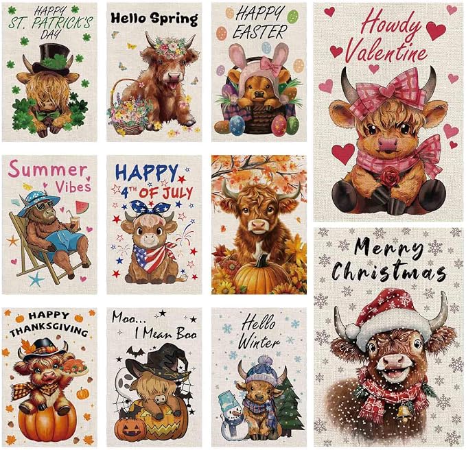 Seasonal Garden Flags - Funny Highland Cow Double Sided Flags Set of 11 Holiday Farmhouse Indoor Halloween Christams Gifts Outdoor Yard Lawn Decorations 12.5x18 Inch