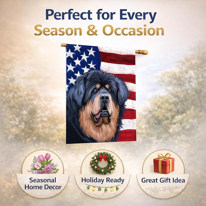 Caroline's Treasures CK6739CHF Tibetan Mastiff American Flag House Flag Large Porch Sleeve Pole Decorative Outside Yard Banner Artwork Wall Hanging, Polyester, House Size, Multicolor