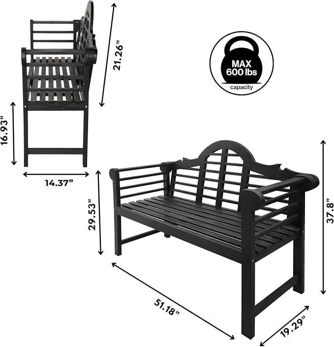 JONATHAN Y Lutyens 51" Acacia Wood Outdoor Bench, 2-Person Garden Bench with Arched Slatted Back and Armrests for Patio, Porch, Backyard, 600 lbs Capacity, Black Finish BNH103C