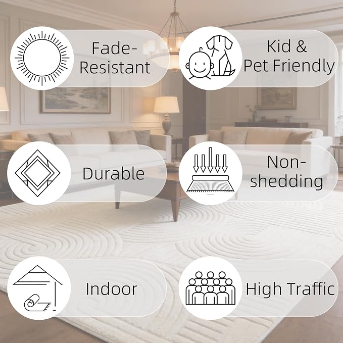 Beige Geometric 5x7 Solid Area Rug, Washable for Living Room Bedroom | Ultra Soft Thick Boho High-Low Pile Textured Indoor Carpet, Fluffy, Non-Slip Rugs for Bedside, Kids Room, Nursery,Home Office