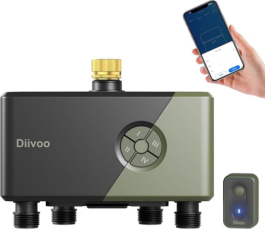 Diivoo WiFi Water Timer 4 Outlets, Smart Sprinkler/Hose/Tap Timer Compatible with Alexa & 24 Irrigation Plans & Rain Delay, Garden Watering Systems Controller with 2 Watering Modes for Lawn Yard
