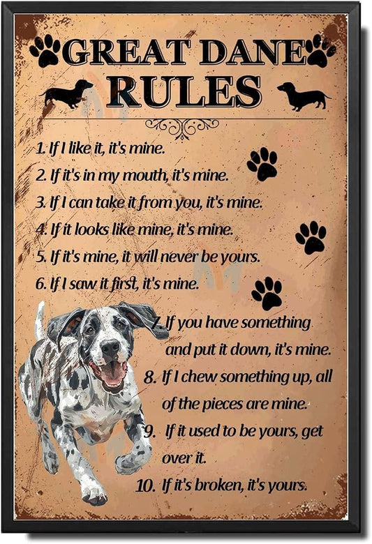 Metal Sign Tin Sign Vintage Wall Art Great Dane1 Rules Metal Garden Signs for Bar 12×16 Inches with Metal Frame