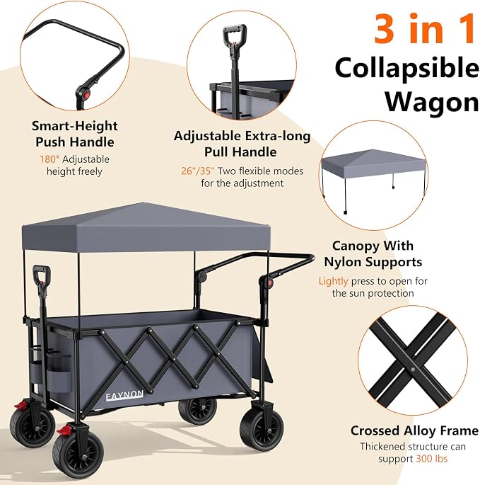 3 in 1 Collapsible Wagon with 300lbs Weight Capacity,150L Heavy Duty Utility Cart with Removable Canopy,with Big All-Terrain Beach Wheels & Drink Holders,Gray